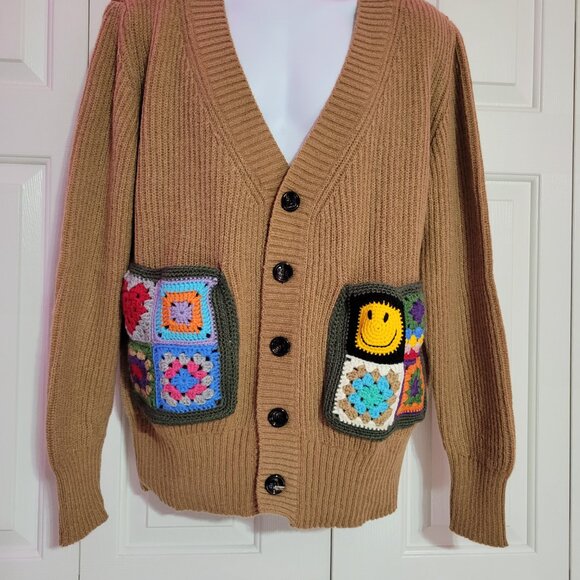 Urban Outfitters LC23 Crochet Pocket Cardigan Brown Size L NWT - Picture 3 of 7